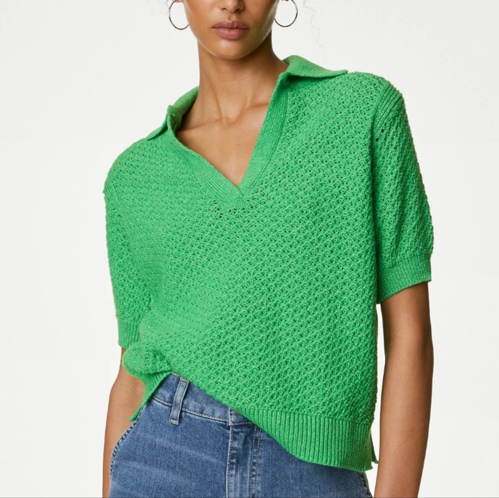 M&S Collection Acid Green Cotton Rich Short Sleeve Collar V-Neck Sweater Small